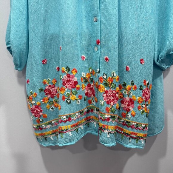 Fig & Flower Turquoise Floral Embroidered Peasant Tunic Top Boho Plus Size 2X - Picture 2 of 10
